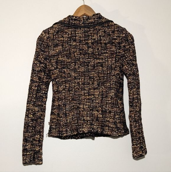 St. John Leather Trim Ribbon Wool Blend Knit Jacket Moto Gold Side Zip Size 2 - Picture 10 of 13